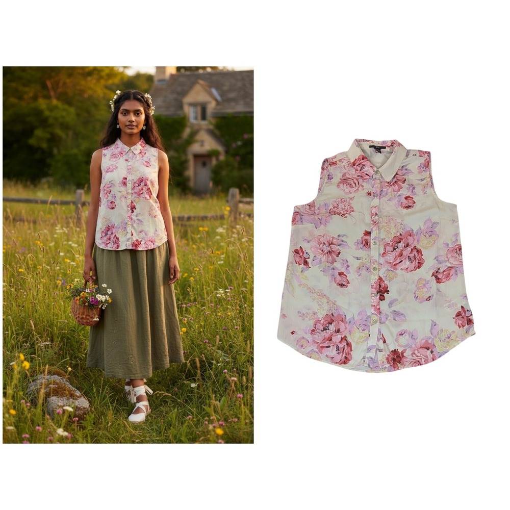 Sleeveless Floral Rose Top Small Pink & White Romantic Button Down Cottagecore